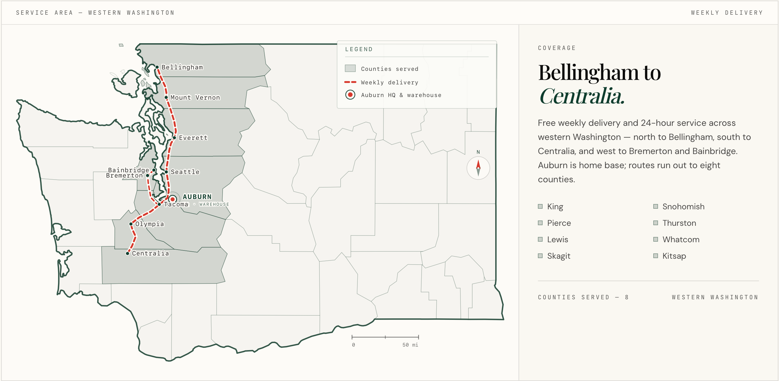 Service area map of western Washington showing delivery coverage from Bellingham to Centralia across 8 counties